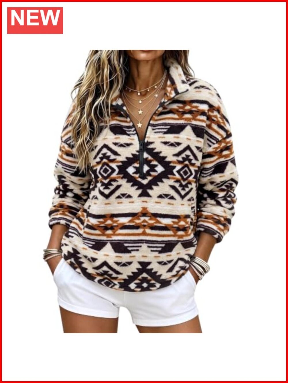 Aztec Print Half Zip Pullover Fleece Warm Sweatshirt Western Boho Top